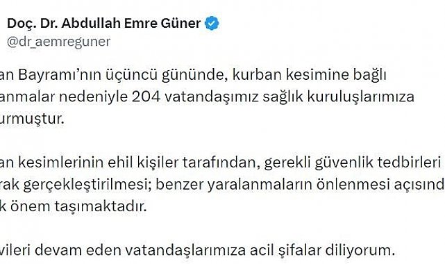 İstanbul İl Sağlık Müdürü Güner: "Kurban Bayramı'nın üçüncü gününde 204 kişi yaralandı"