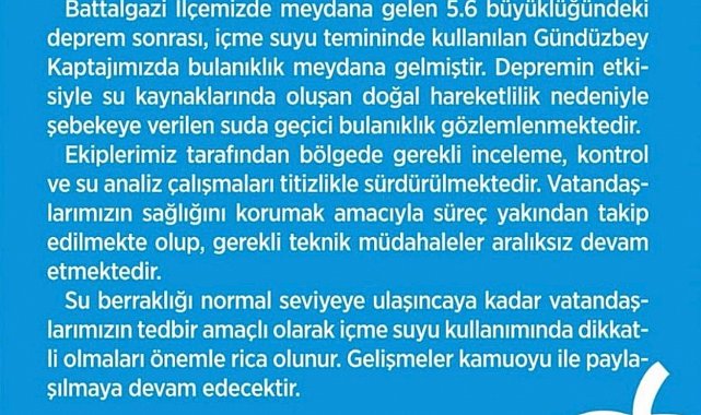 Malatya'da deprem sonrası içme suyunda bulanıklık oldu