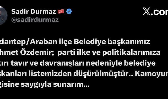 MHP, Araban Belediye Başkanını parti listesinden düşürdü