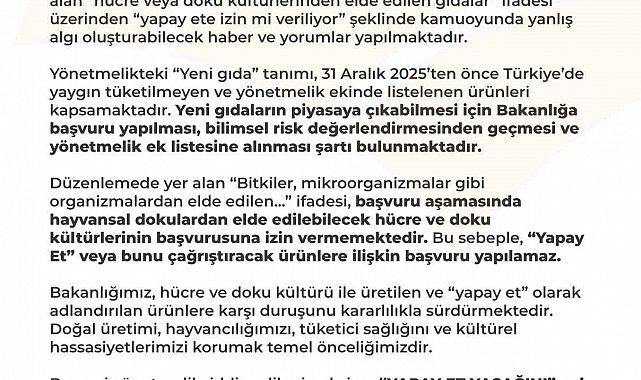 Tarım ve Orman Bakanlığı: "Türkiye sınırları içinde yapay et üretimi ve tüketimi söz konusu değildir"
