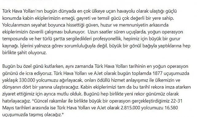 THY Yönetim Kurulu Başkanı Murat Şeker, Dünya Kabin Memurları Günü'nü kutladı