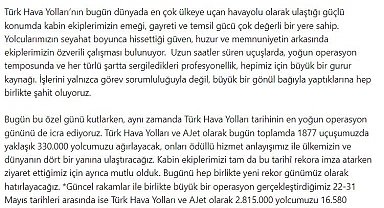 THY Yönetim Kurulu Başkanı Murat Şeker, Dünya Kabin Memurları Günü'nü kutladı