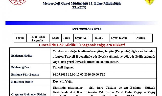 Tunceli için sağanak yağış uyarısı