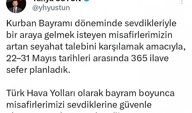 Türk Hava Yolları, Kurban Bayramı tatili için 365 ilave sefer planladı