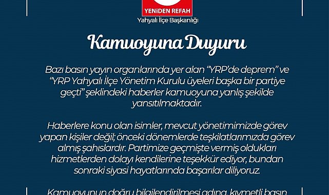 YRP Kayseri İl Başkanlığı'ndan kamuoyu açıklaması