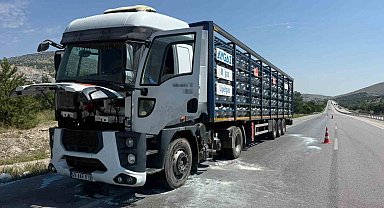 Afyonkarahisar'da Aygaz marka tüp yüklü tırın motorunda yangın