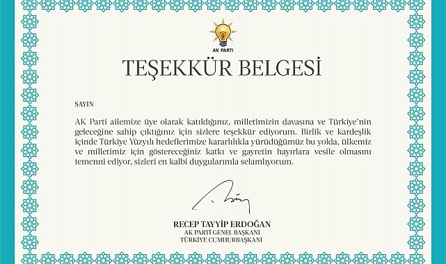AK Parti'den 11,5 milyon üyesine Cumhurbaşkanı Erdoğan imzalı teşekkür belgesi