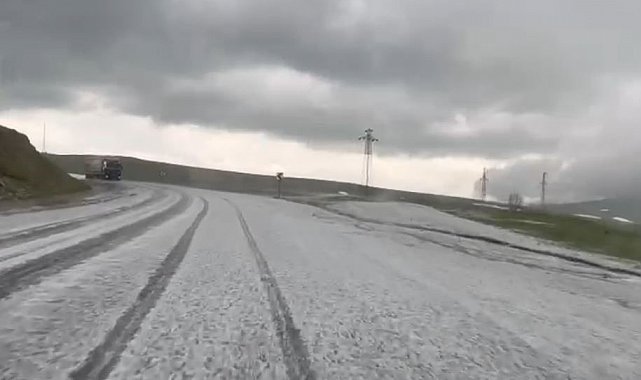 Ardahan'da dolu yağışı yolu beyaza bürüdü