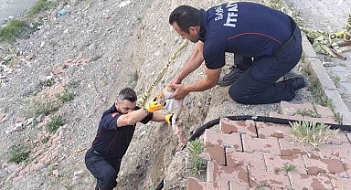 Çorum'da çaya düşen kediyi itfaiye kurtardı