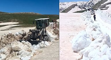 Hakkari'de yaz günü 3 metreyi bulan karda yol açma çalışması