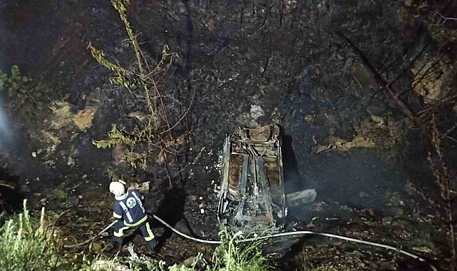 Şarampole yuvarlanan otomobil orman yangınına neden oldu