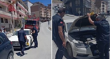 Araca sıkışan yavru kedi itfaiye tarafından kurtarıldı