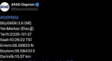 Elazığ'da 3.6 büyüklüğünde deprem