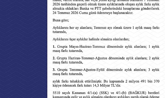 Emekli Sandığı kapsamındaki zam farkı ödemeleri 24 Temmuz'da başlayacak
