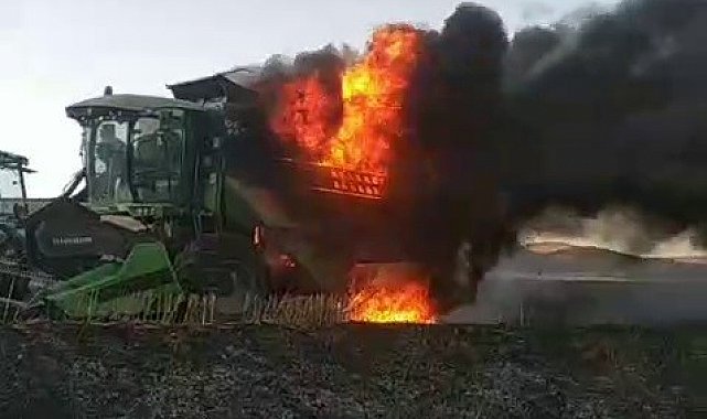 Sivas'ta hasat sırasında biçerdöver alev topuna döndü