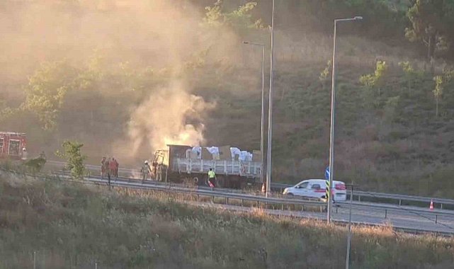 Sultangazi'de malzeme yüklü kamyon alev alev yandı
