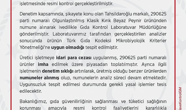 Tahsildaroğlu'nun bir parti beyaz peyniri piyasadan toplatıldı