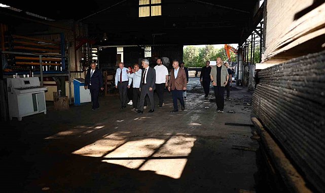 Yanan orman ürünleri fabrikasında inceleme