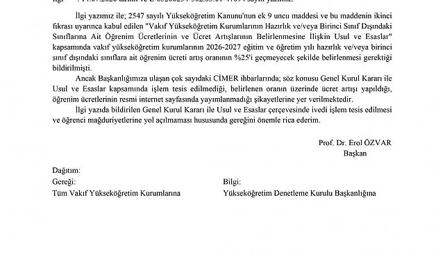 YÖK'ten öğrenim ücreti artışına ilişkin vakıf üniversitelerine uyarı yazısı