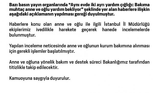 Bakanlıktan 'bakıma muhtaç anne ve oğlu' ile ilgili açıklama: "Kurum bakımına alınmaları için gerekli işlemler başlatılmıştır"