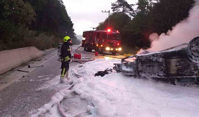Bolu'da devrilen otomobil alev aldı: Sürücü yaralı