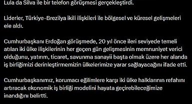 Cumhurbaşkanı Erdoğan, Brezilya Devlet Başkanı Silva ile telefonda görüştü