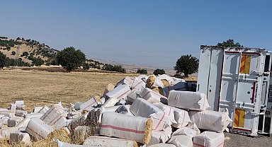 Diyarbakır'da saman yüklü kamyon devrildi