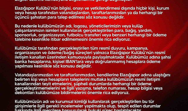 Elazığspor'dan dolandırıcılık uyarısı