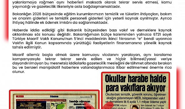 MEB Dezenformasyonla Mücadele: "'MEB, bütçesinden vakıf ve derneklere ilk 6 ayda 1,1 milyar ödeme yaptı' iddiası gerçeği yansıtmamaktadır"