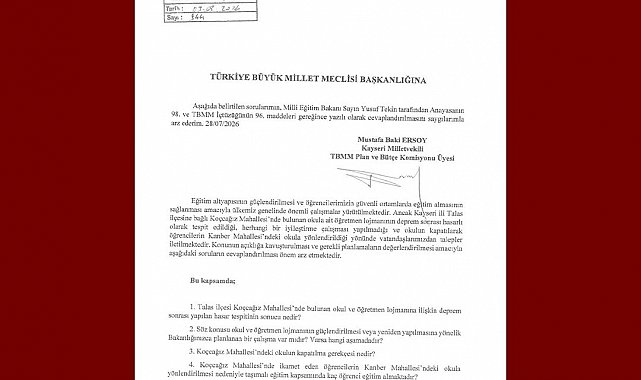 MHP'li Ersoy'dan Koçcağız mahallesindeki okul için soru önergesi