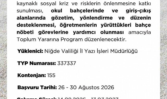 Niğde İŞKUR'dan okullar için 155 kişilik TYP duyurusu