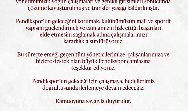 Pendikspor'un transfer yasağı kaldırıldı