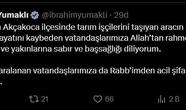 Bakan Yumaklı Düzce'deki kaza sonrası başsağlığı mesajı yayınladı