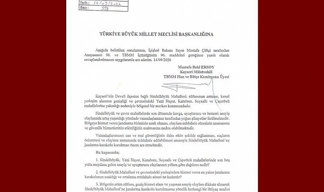 Baki Ersoy'dan Sindelhöyük Mahallesi'ne jandarma karakolu için soru önergesi