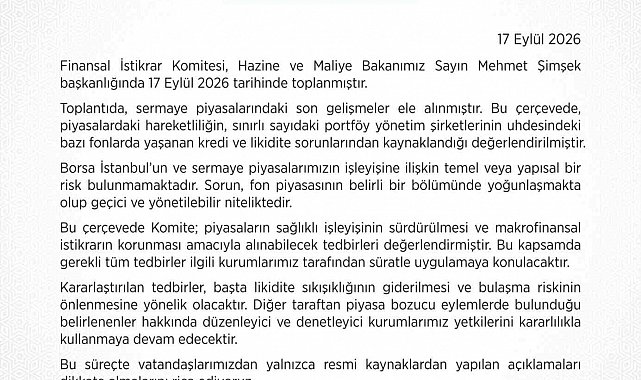 Finansal İstikrar Komitesi: "Borsa İstanbul'un ve sermaye piyasalarımızın işleyişine ilişkin yapısal bir risk bulunmamaktadır"