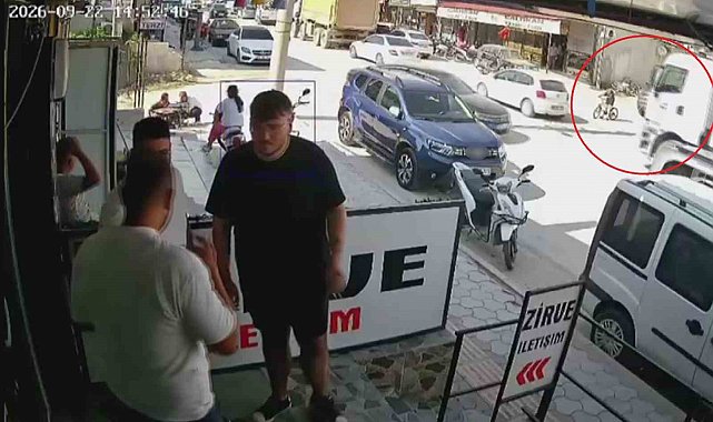 Hafriyat kamyonunun kör nokrasından geçmeye çalışan bisikletli çocuk saniyelerle ölümden döndü