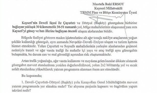 MHP'li Ersoy; Develi - Çayırözü- Dörtyol ulaşım güvenliğini meclise taşıdı