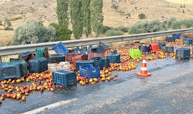 Tırın dorsesi yan yatınca şeftaliler yola saçıldı