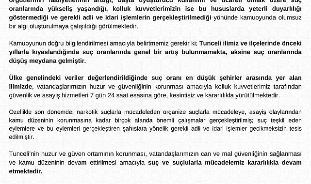 Tunceli Valiliği: "Suç oranlarında genel bir artış yok, aksine düşüş var"