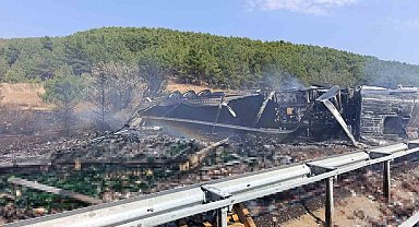 Uşak'ta bariyere çarpan alkol yüklü tır alev aldı