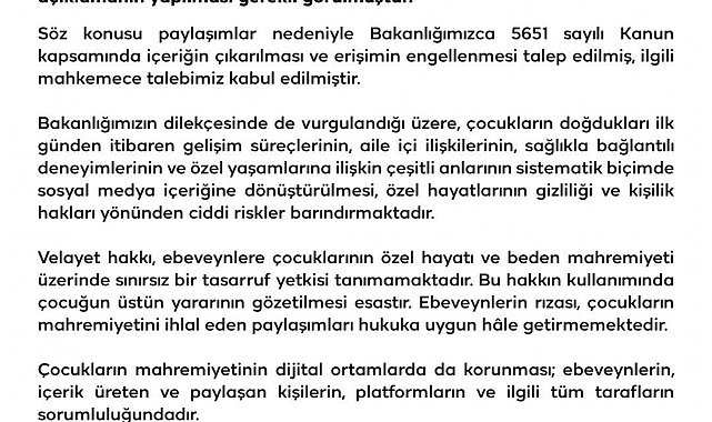Aile ve Sosyal Hizmetler Bakanlığı: "Çocukların mahremiyetinin dijital ortamlarda da korunması tüm tarafların sorumluluğundadır"