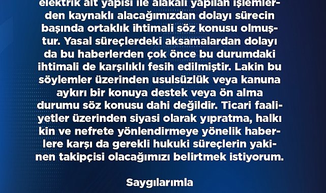 Başkan Okandan: "Bahsi geçen işletmeyle alakalı hiç bir zaman resmi bir ortaklığım olmamıştır"