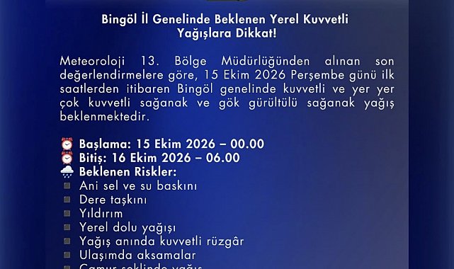 Bingöl için kuvvetli yağış uyarısı