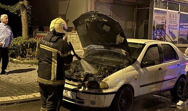 Çalıştırıldığı sırada alev alan otomobil, itfaiye ekipleri tarafından söndürüldü