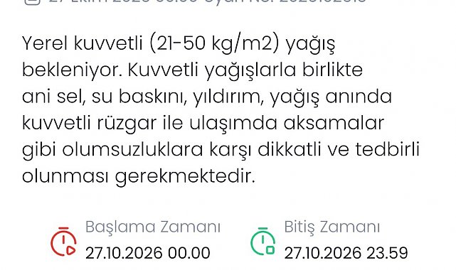 Denizli için kuvvetli yağış uyarısı