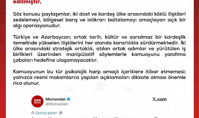 Dezenformasyonla Mücadele Merkezi: "Türkiye ve Azerbaycan, kardeşlik temelinde yükselen ilişkilerini kararlılıkla sürdürmektedir"