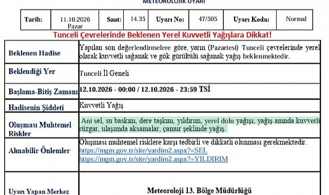 Tunceli için kuvvetli yağış uyarısı