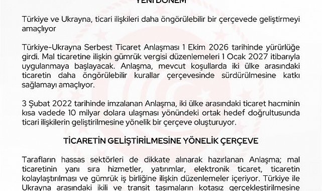 Türkiye-Ukrayna Serbest Ticaret Anlaşması yürürlüğe girdi