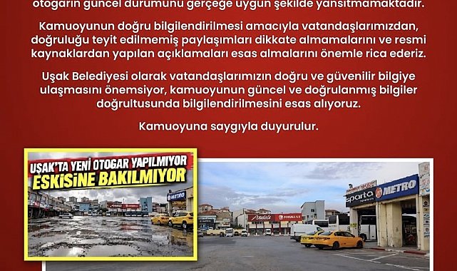 Uşak Belediyesinden otogar açıklaması: Paylaşımlar güncel durumu yansıtmıyor