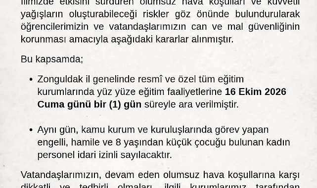 Zonguldak Valiliğinden yağış kararı: Okullara bir gün ara, bazı personele idari izin